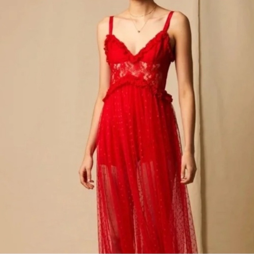 Choosy NWT Red Lace Corsette Ruffle Polka Dot Tulle Maxi Dress Plus Size 20